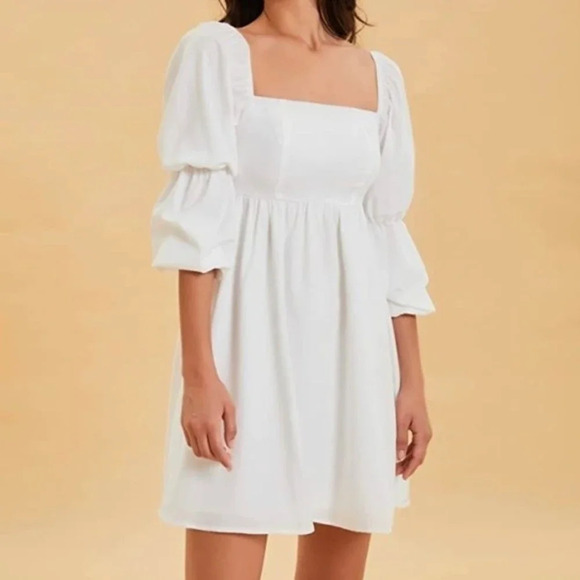 Womens Square Neck Dress Long Puff Sleeve A-Line Casual Short Mini Dress Bridal - Picture 3 of 5